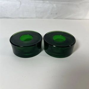 2 Crate & Barrel Round Emerald Green Glass Candle Holders